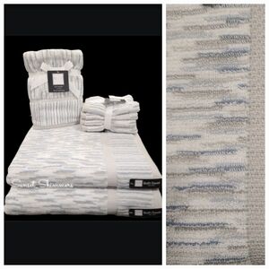 8pc Soho Living Bath Hand Washcloth Towel Set Striped Blue Gray 100% Cotton New